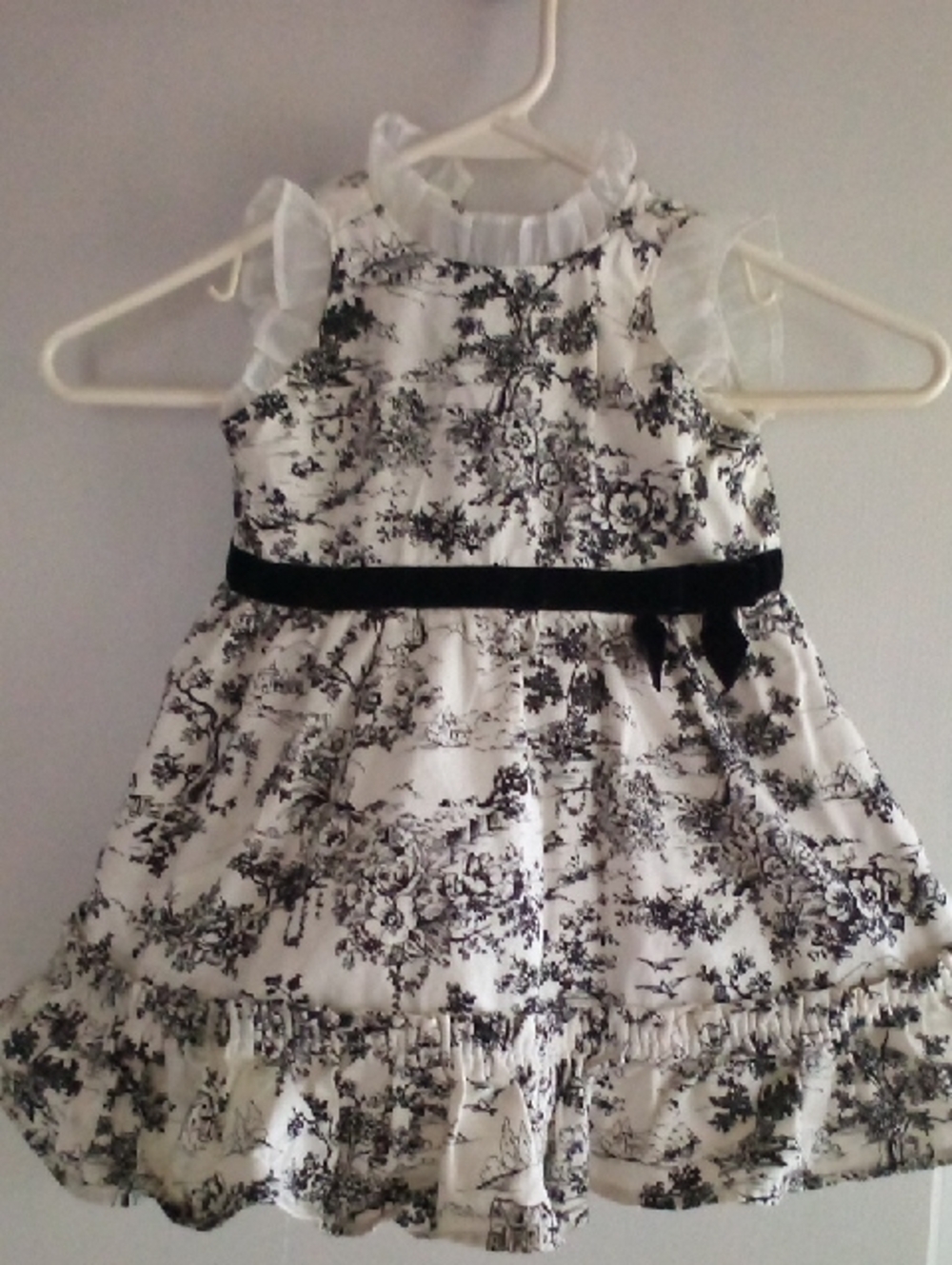Janie and Jack White Dress with Black Floral Print and Velvet Bow